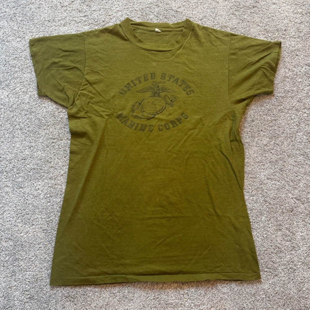 Vintage RARE 70s USMC Marine Corps Graphic T-Shirt Olive Green Single Stitch L